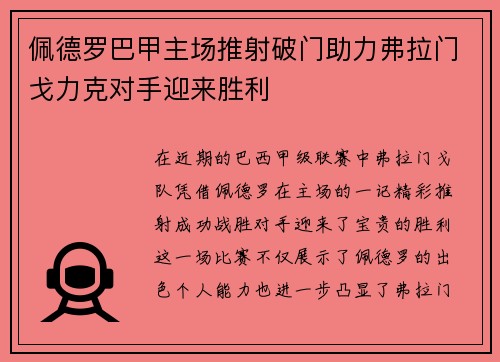 佩德罗巴甲主场推射破门助力弗拉门戈力克对手迎来胜利 佩德罗巴甲主场推射破门助力弗拉门戈力克对手迎来胜利