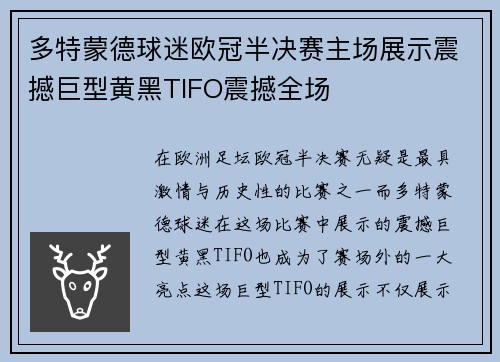 多特蒙德球迷欧冠半决赛主场展示震撼巨型黄黑TIFO震撼全场
